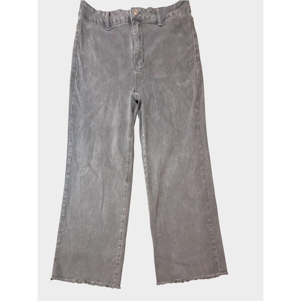 Zenana Womens High Waisted Wide Leg Jeans Charcoal Gray Frayed Hem Size L 12-14